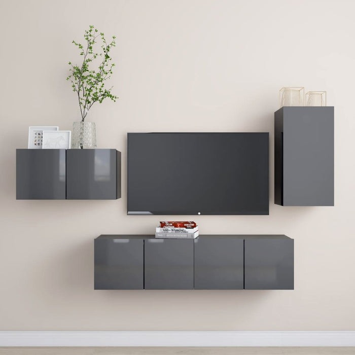 Set de dulapuri TV, 4 piese, gri extralucios, lemn prelucrat WALTI