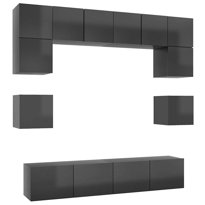 Set de dulapuri TV, 8 piese, gri extralucios, lemn prelucrat WALTI