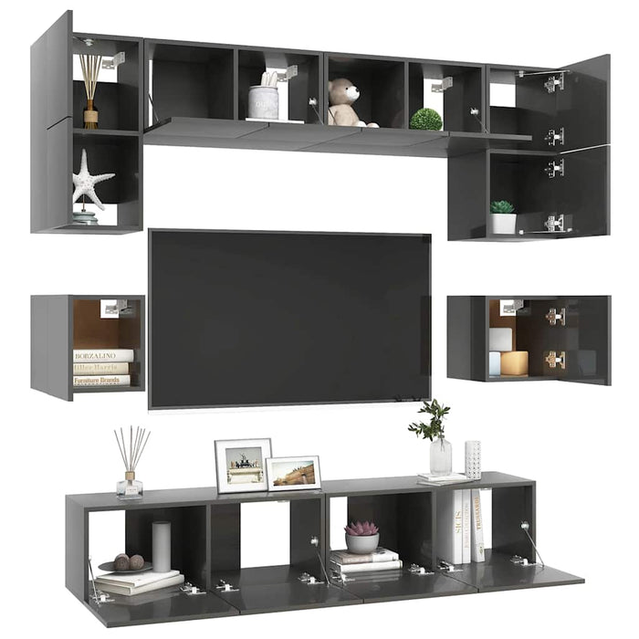 Set de dulapuri TV, 8 piese, gri extralucios, lemn prelucrat WALTI