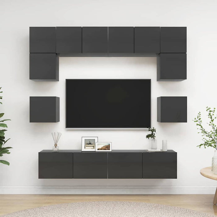 Set de dulapuri TV, 8 piese, gri extralucios, lemn prelucrat WALTI