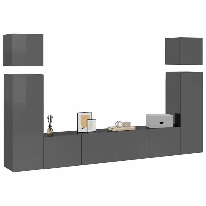 Set de dulapuri TV, 8 piese, gri extralucios, lemn prelucrat WALTI