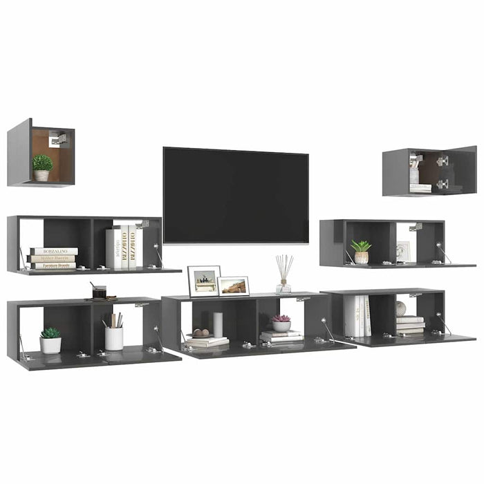 Set de dulapuri TV, 7 piese, gri extralucios, lemn prelucrat WALTI