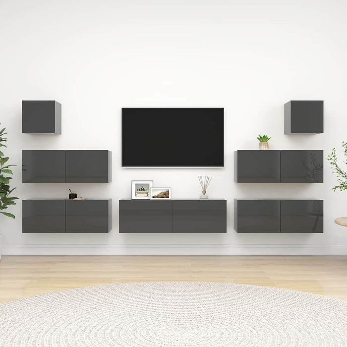 Set de dulapuri TV, 7 piese, gri extralucios, lemn prelucrat WALTI