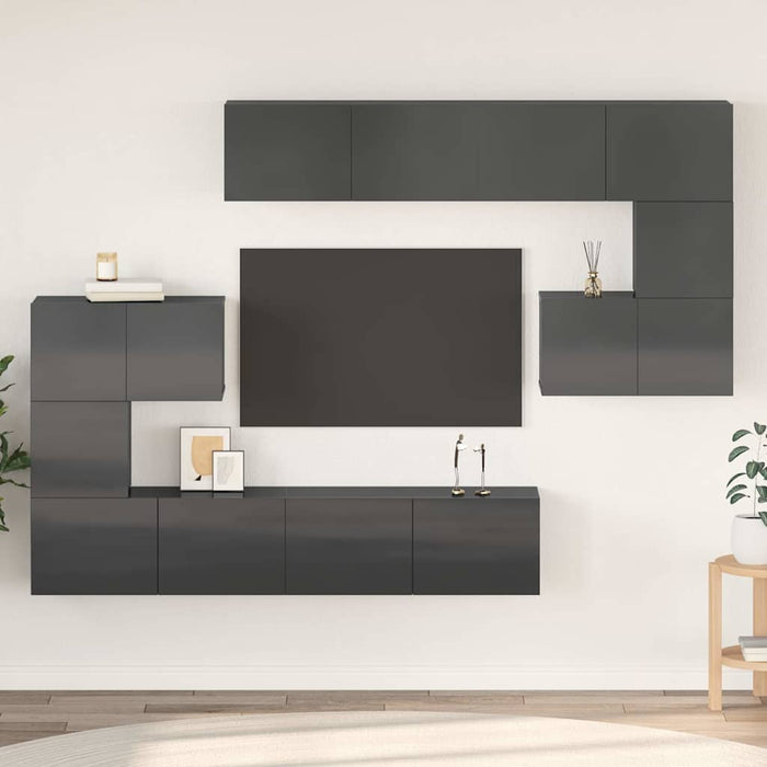 Set de dulapuri TV, 8 piese, gri extralucios, lemn prelucrat WALTI