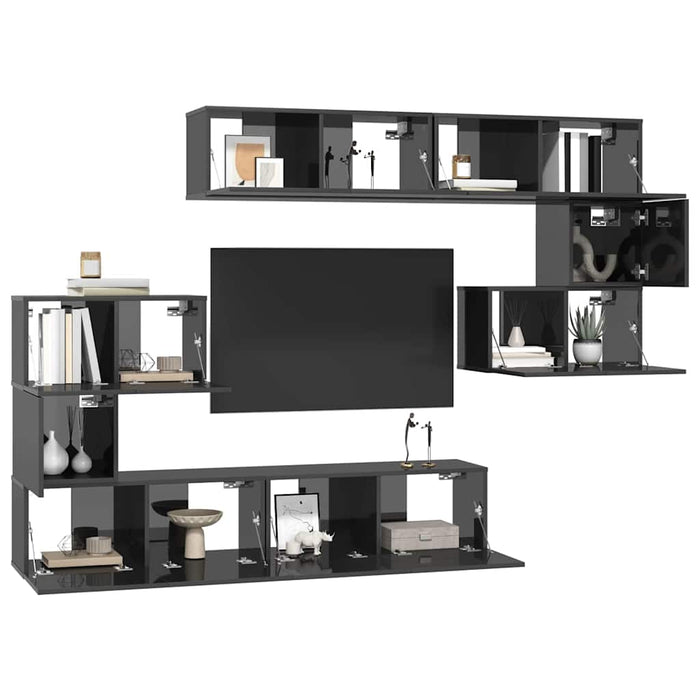 Set de dulapuri TV, 8 piese, gri extralucios, lemn prelucrat WALTI