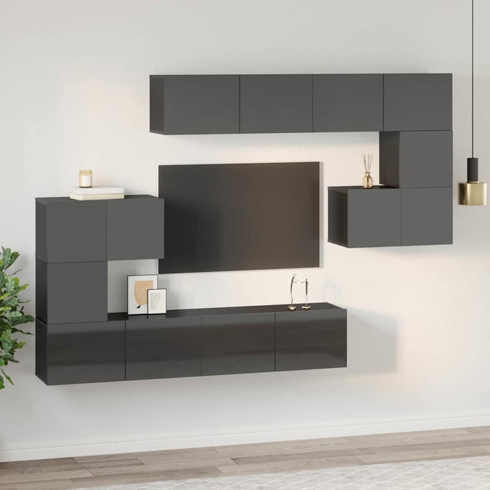 Set de dulapuri TV, 8 piese, gri extralucios, lemn prelucrat WALTI