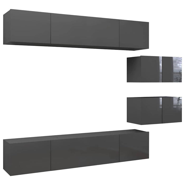 Set de dulapuri TV, 6 piese, gri extralucios, lemn prelucrat WALTI