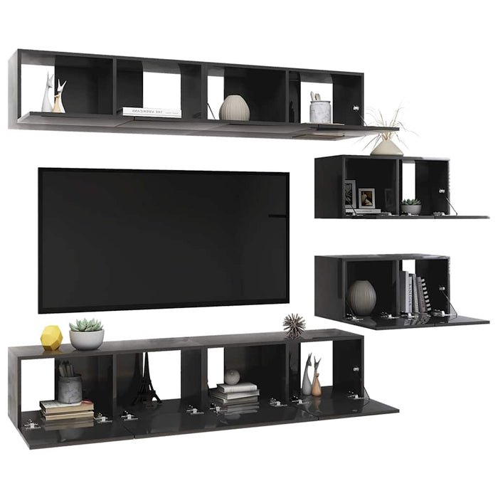 Set de dulapuri TV, 6 piese, gri extralucios, lemn prelucrat WALTI