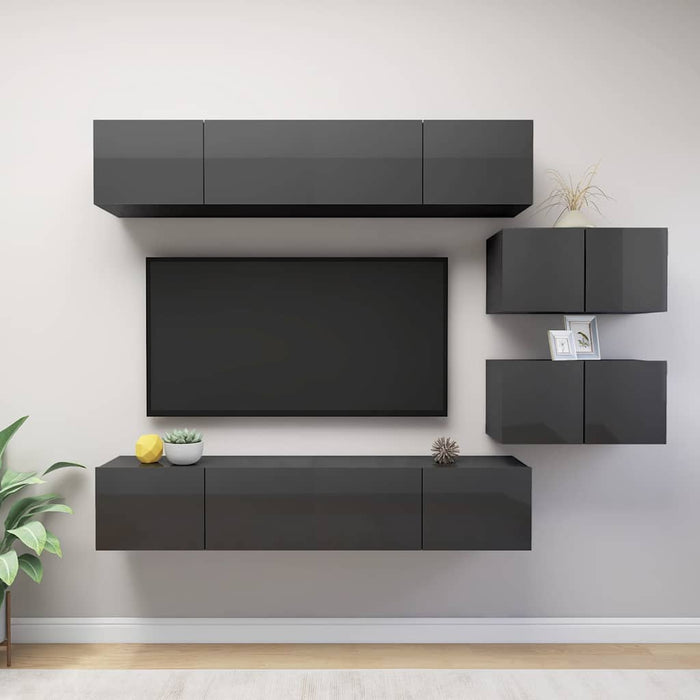 Set de dulapuri TV, 6 piese, gri extralucios, lemn prelucrat WALTI