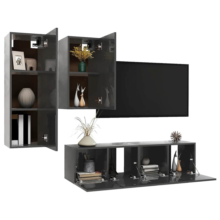 Set de dulapuri TV, 4 piese, gri extralucios, lemn prelucrat WALTI