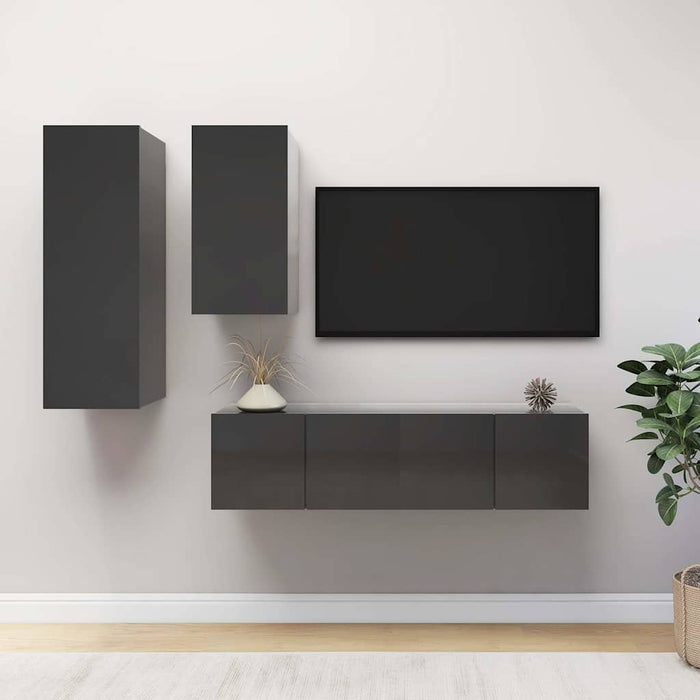 Set de dulapuri TV, 4 piese, gri extralucios, lemn prelucrat WALTI