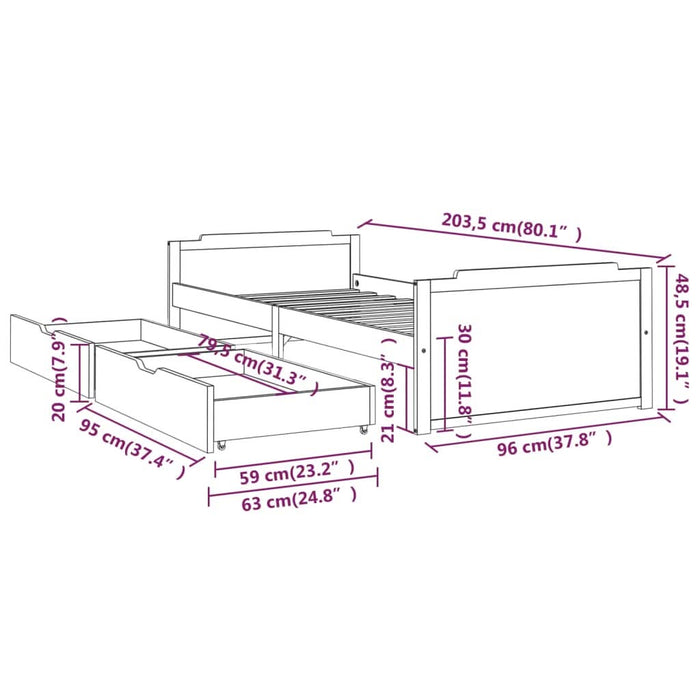 Cadru de pat cu 2 sertare, alb, 90 x 200 cm, lemn masiv de pin - WALTI WALTI