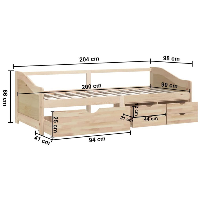 Pat de zi cu 3 locuri cu sertare, 90x200 cm, lemn masiv de pin - WALTI WALTI
