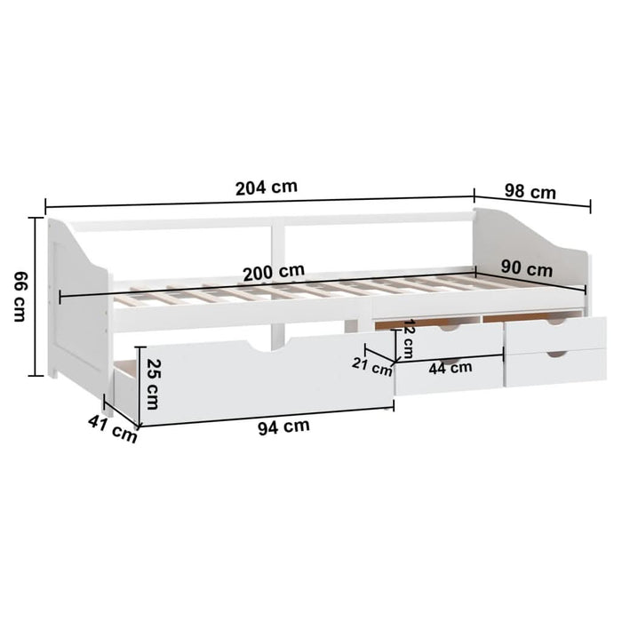 Pat de zi, 3 locuri, cu sertare, alb, 90x200 cm, lemn masiv pin - WALTI WALTI