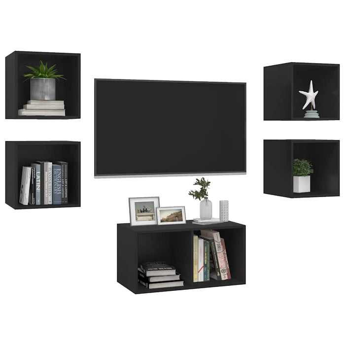 Set de dulapuri TV, 5 piese, negru, lemn prelucrat WALTI