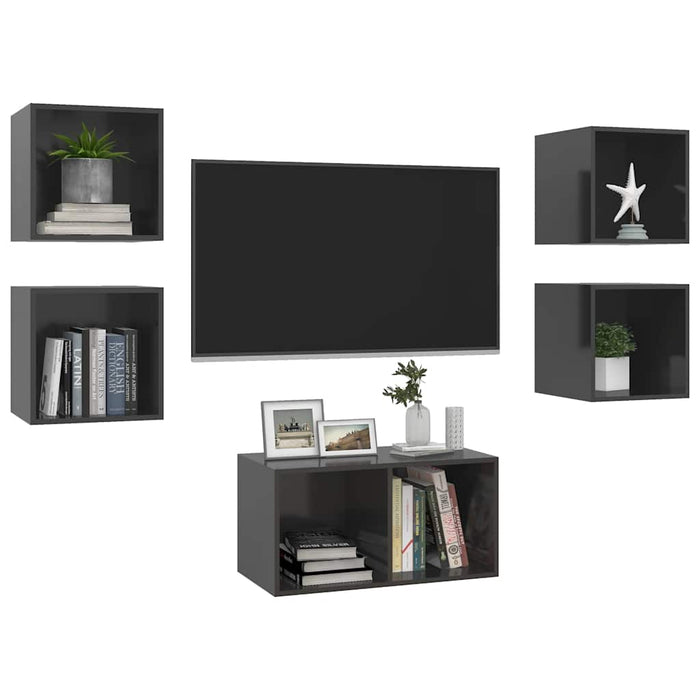 Set de dulapuri TV, 5 piese, gri extralucios, lemn prelucrat WALTI