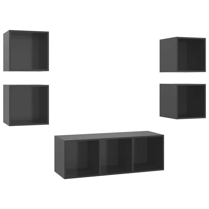 Set de dulapuri TV, 5 piese, gri extralucios, lemn prelucrat WALTI