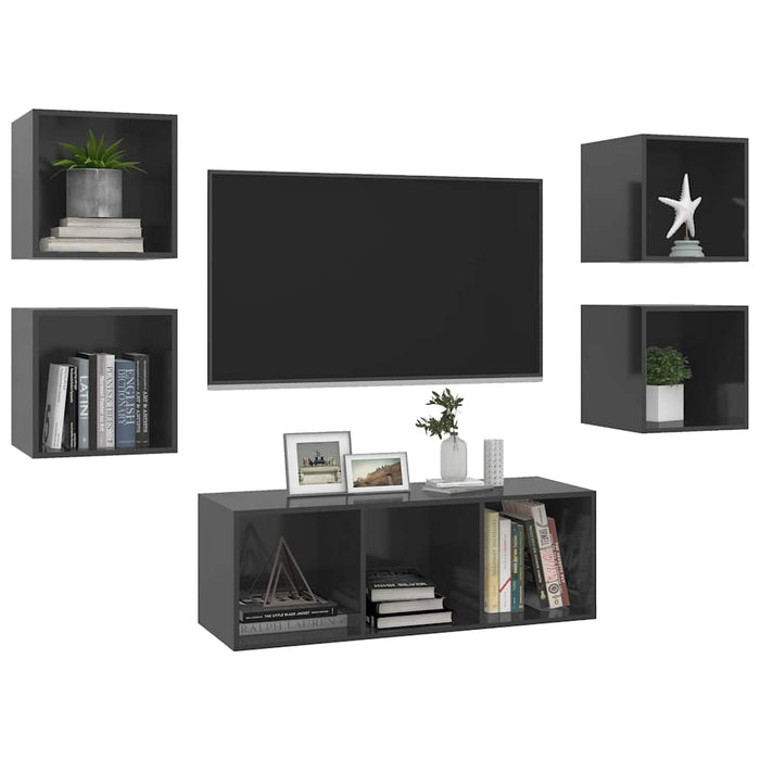 Set de dulapuri TV, 5 piese, gri extralucios, lemn prelucrat WALTI