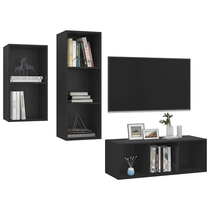Set de dulapuri TV, 3 piese, negru, lemn prelucrat WALTI