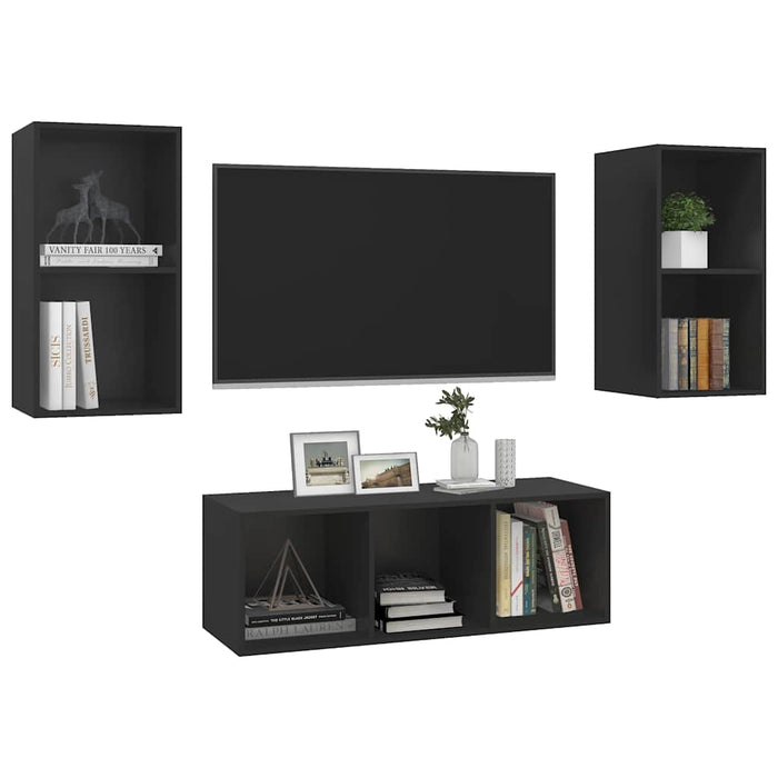 Set de dulapuri TV, 3 piese, negru, lemn prelucrat WALTI