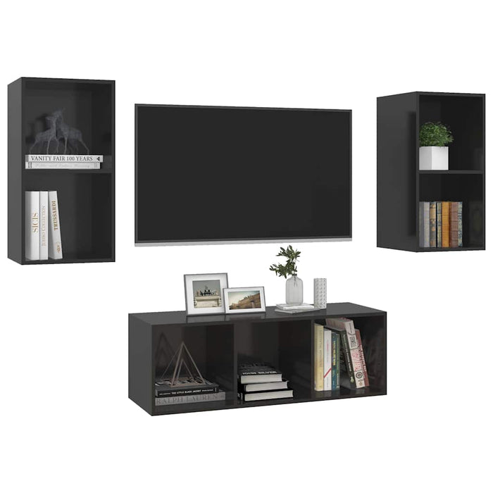 Set de dulapuri TV, 3 piese, negru extralucios, lemn prelucrat WALTI