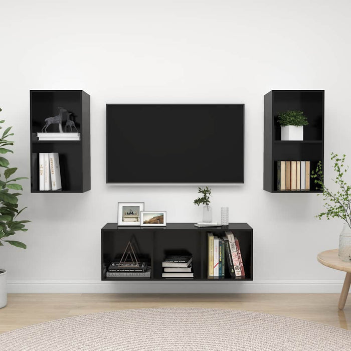 Set de dulapuri TV, 3 piese, negru extralucios, lemn prelucrat WALTI