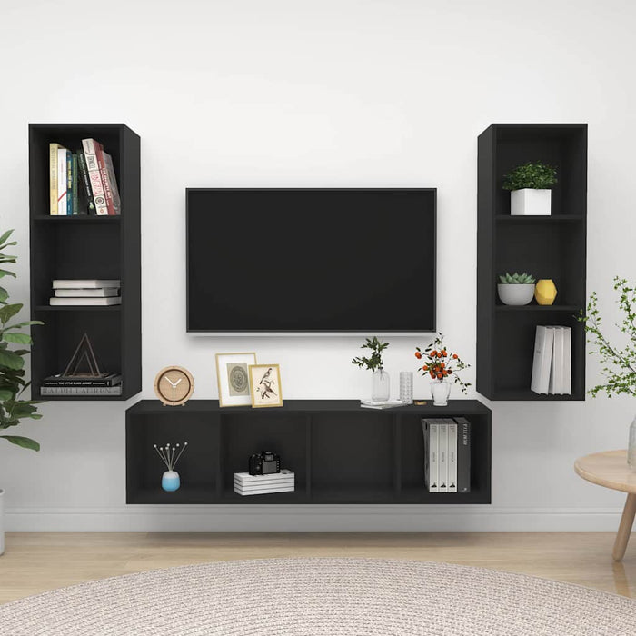 Set de dulapuri TV, 3 piese, negru, lemn prelucrat WALTI