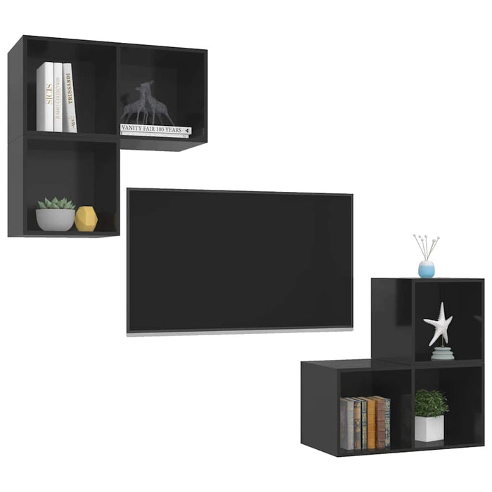 Set de dulapuri TV, 4 piese, negru extralucios, lemn prelucrat WALTI