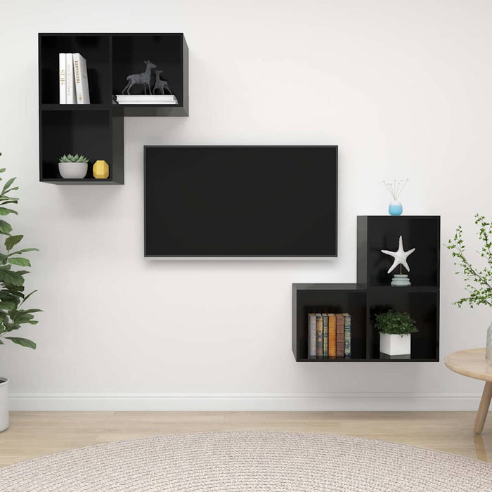 Set de dulapuri TV, 4 piese, negru extralucios, lemn prelucrat WALTI