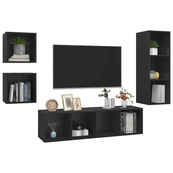 Set de dulapuri TV, 4 piese, negru, lemn prelucrat WALTI
