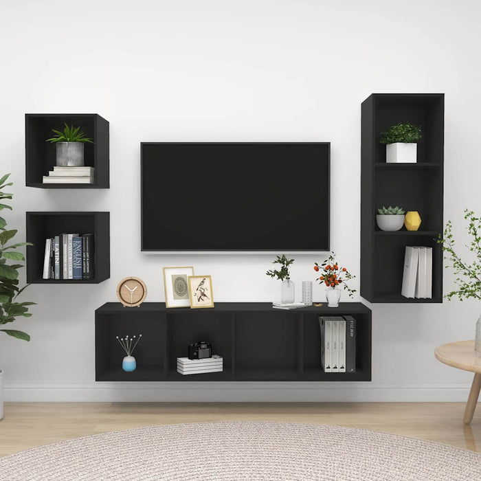 Set de dulapuri TV, 4 piese, negru, lemn prelucrat WALTI