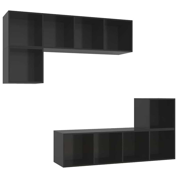 Set de dulapuri TV, 4 piese, negru extralucios, lemn prelucrat WALTI