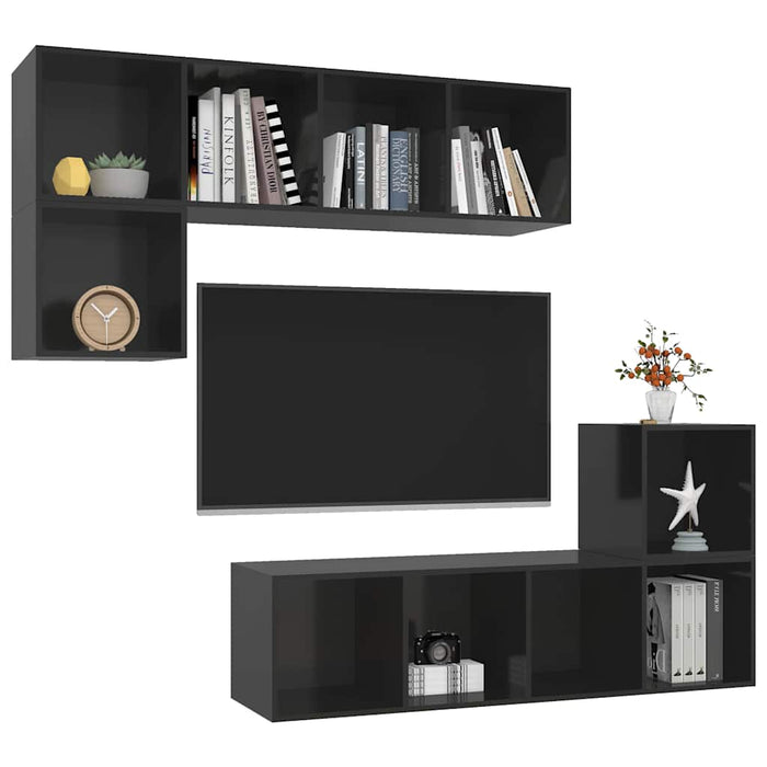 Set de dulapuri TV, 4 piese, negru extralucios, lemn prelucrat WALTI
