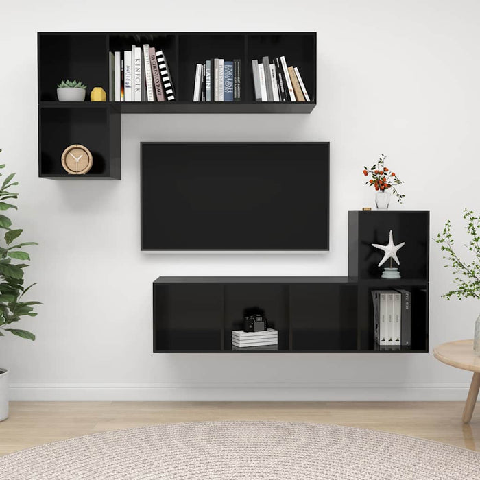 Set de dulapuri TV, 4 piese, negru extralucios, lemn prelucrat WALTI
