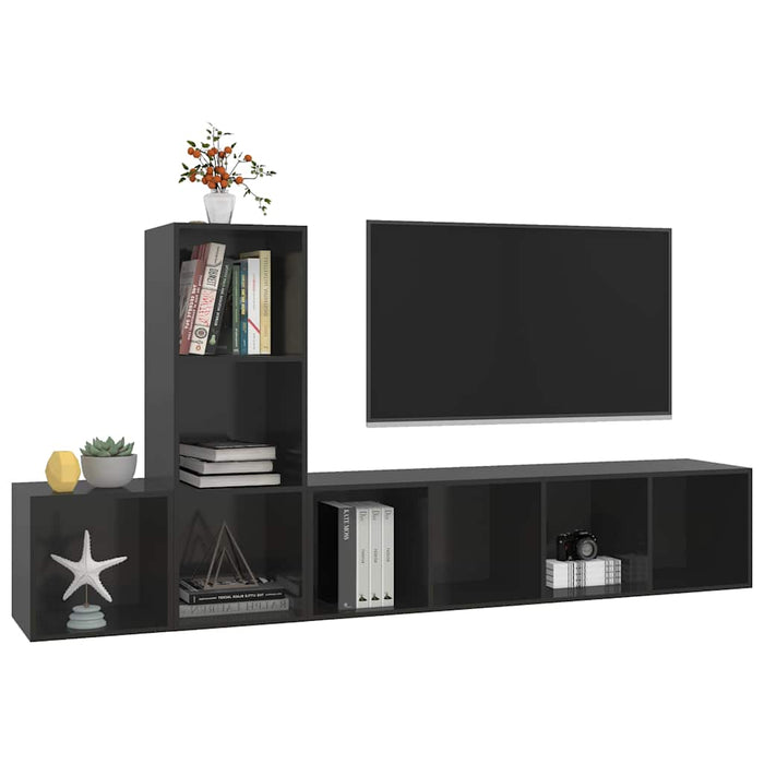 Set de dulapuri TV, 3 piese, negru extralucios, lemn prelucrat WALTI