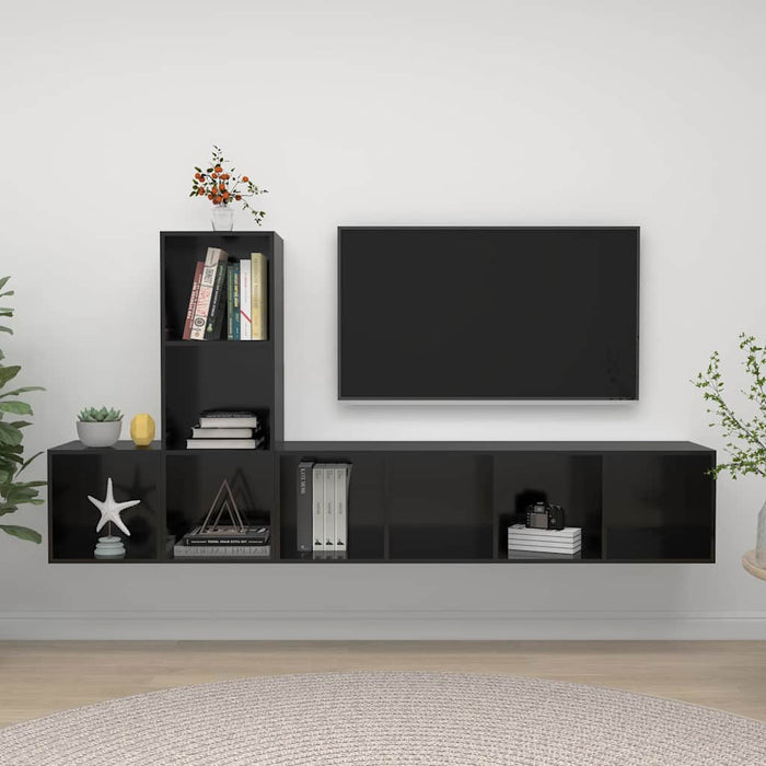 Set de dulapuri TV, 3 piese, negru extralucios, lemn prelucrat WALTI