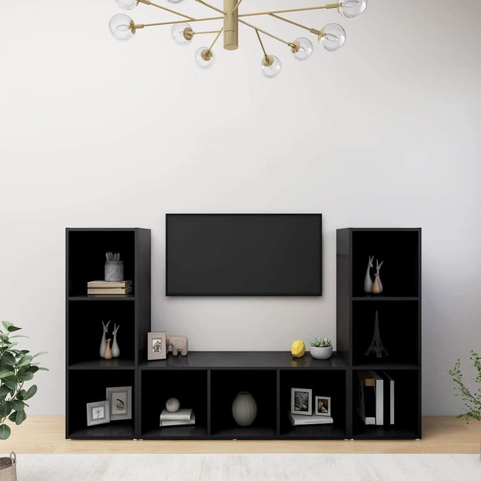 Dulapuri TV, 3 buc., negru, 107x35x37 cm, lemn prelucrat WALTI