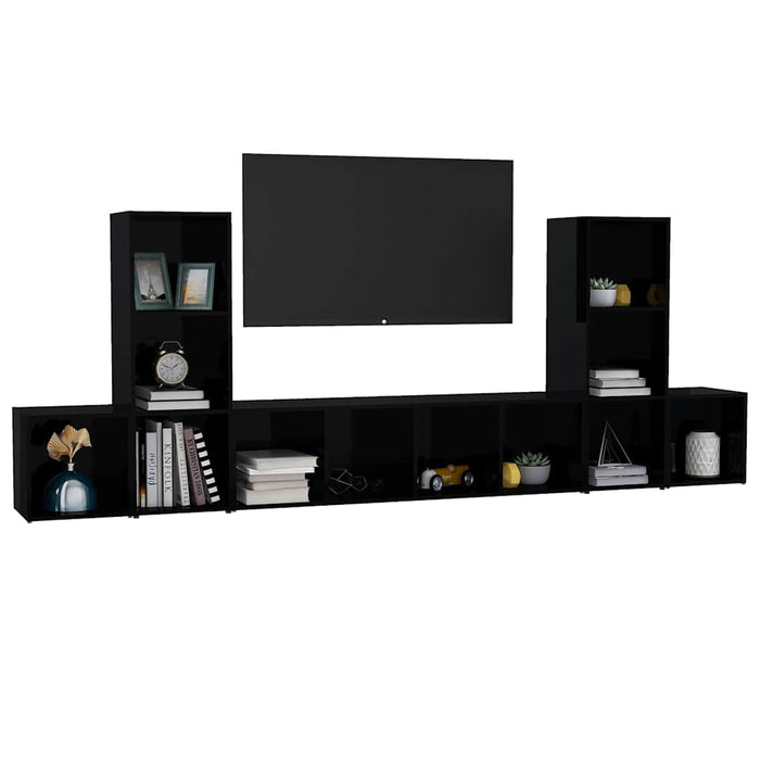 Set de dulapuri TV, 5 piese, negru extralucios, lemn prelucrat WALTI