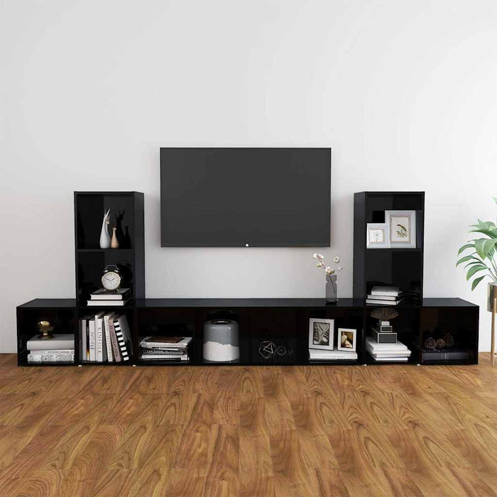 Set de dulapuri TV, 5 piese, negru extralucios, lemn prelucrat WALTI
