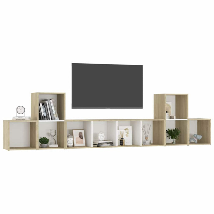 Set de dulapuri TV, 5 piese, alb/stejar sonoma, lemn prelucrat WALTI