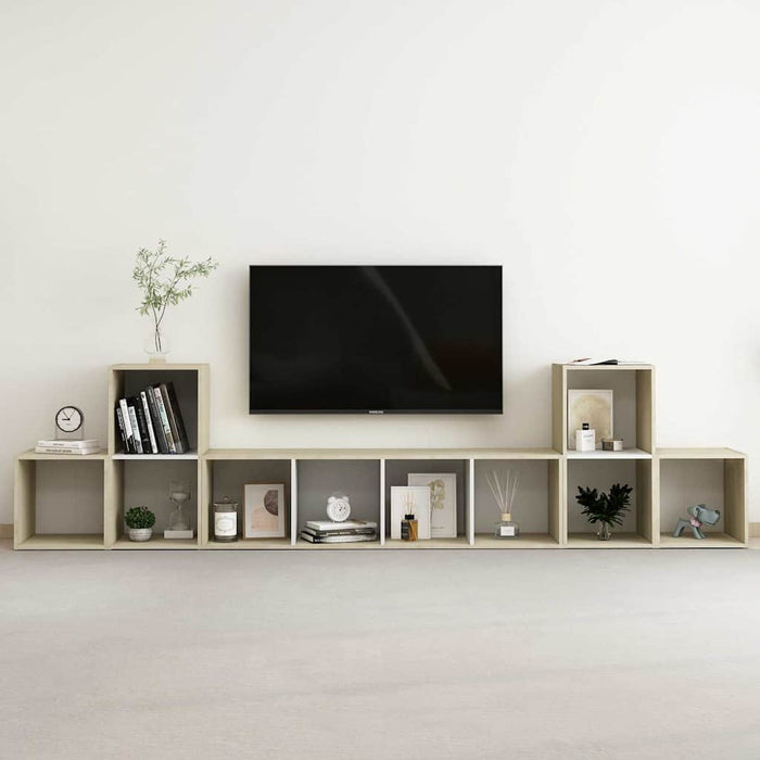 Set de dulapuri TV, 5 piese, alb/stejar sonoma, lemn prelucrat WALTI