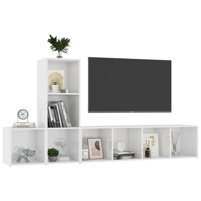 Set de dulapuri TV, 3 piese, alb extralucios, lemn prelucrat WALTI
