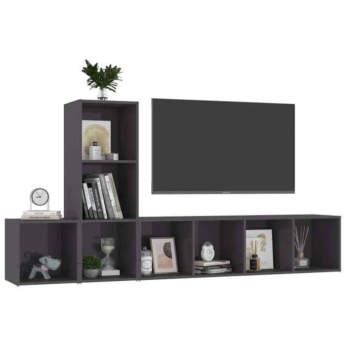 Set de dulapuri TV, 3 piese, gri extralucios, lemn prelucrat WALTI