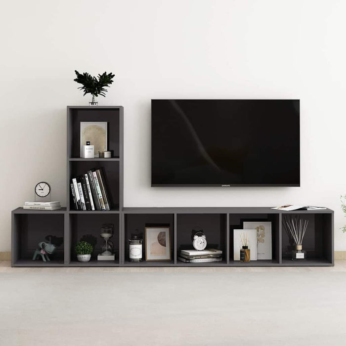 Set de dulapuri TV, 3 piese, gri extralucios, lemn prelucrat WALTI