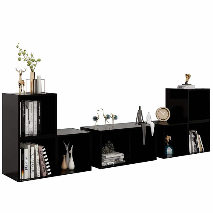 Set de dulapuri TV, 6 piese, negru extralucios, lemn prelucrat WALTI