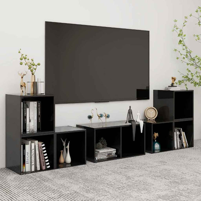 Set de dulapuri TV, 6 piese, negru extralucios, lemn prelucrat WALTI
