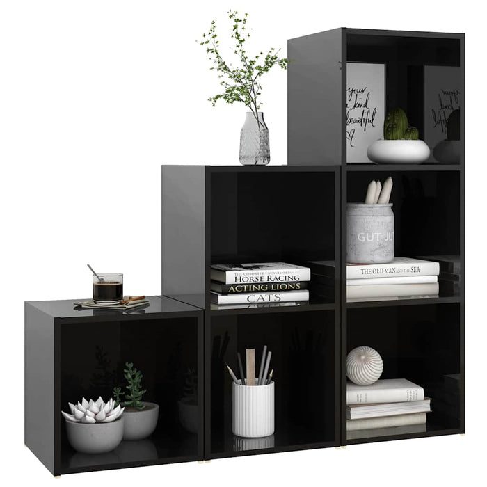 Set de dulapuri TV, 3 piese, negru extralucios, lemn prelucrat WALTI