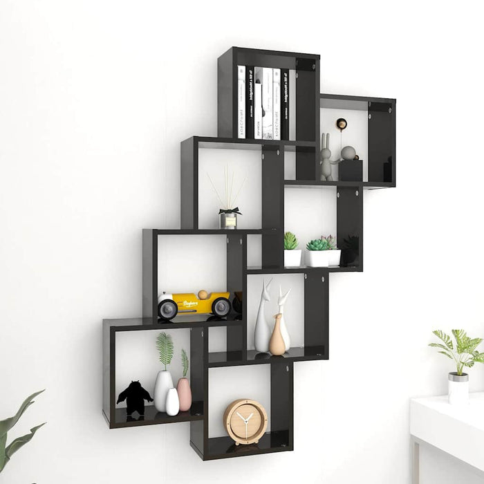 Raft de perete cub, negru extralucios, 90x15x119 cm PAL WALTI