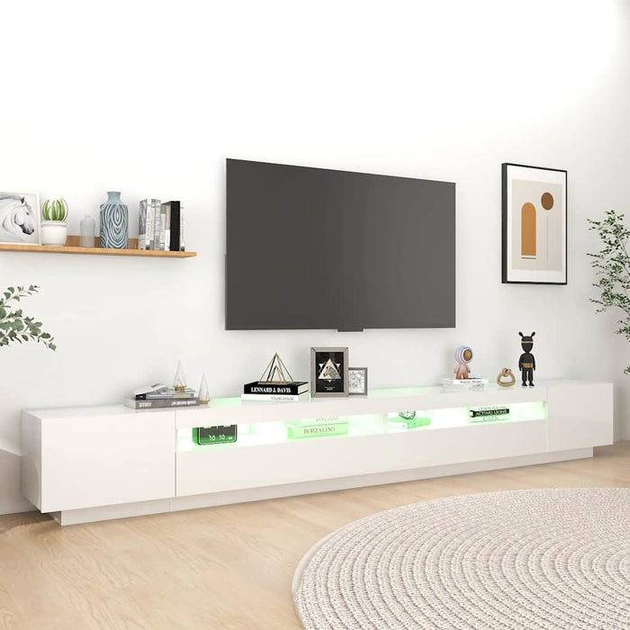 Comodă TV cu lumini LED, alb extra lucios, 300x35x40 cm WALTI