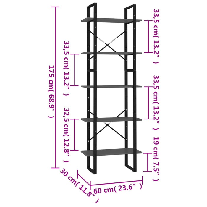 Bibliotecă cu 5 rafturi, gri, 60x30x175 cm, lemn prelucrat - WALTI WALTI